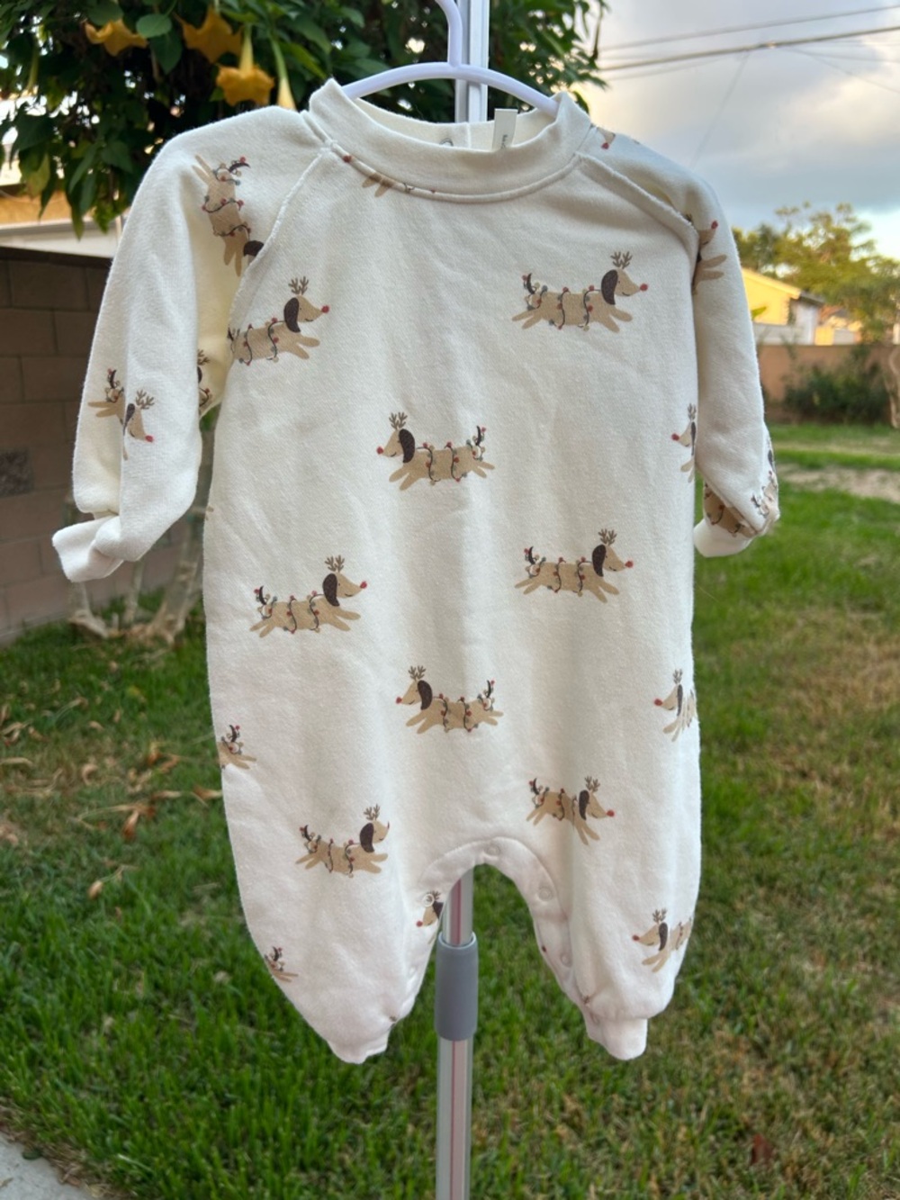 Rylee + Cru Cream Reindeer doggy print  Footed One-Piece